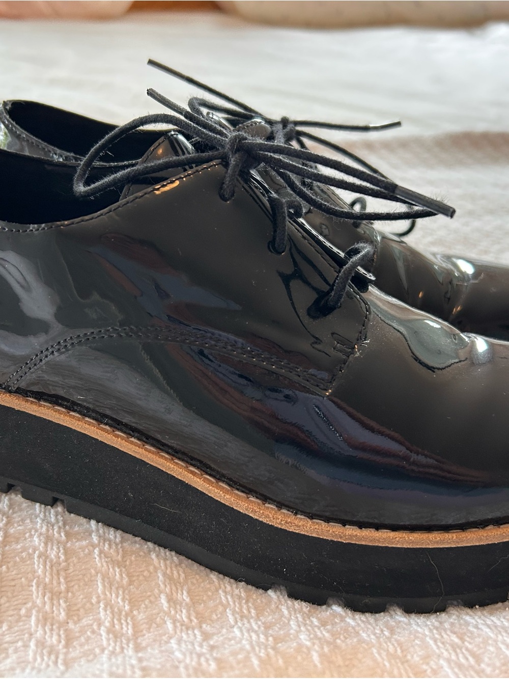 Eileen Fisher Black patent leather lace-up platform wedge shoes